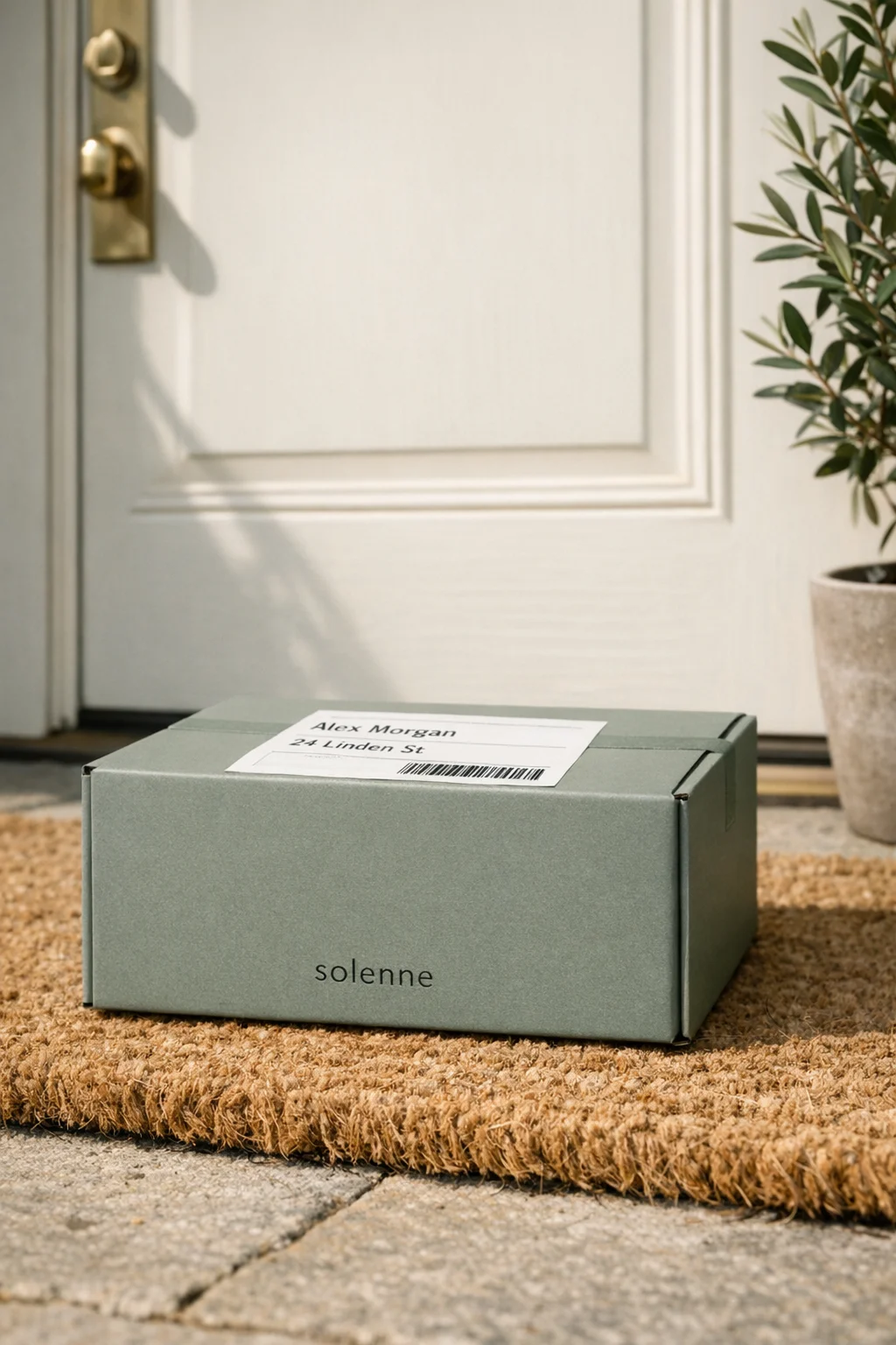 Branded mailer with shipping label delivered on a doormat