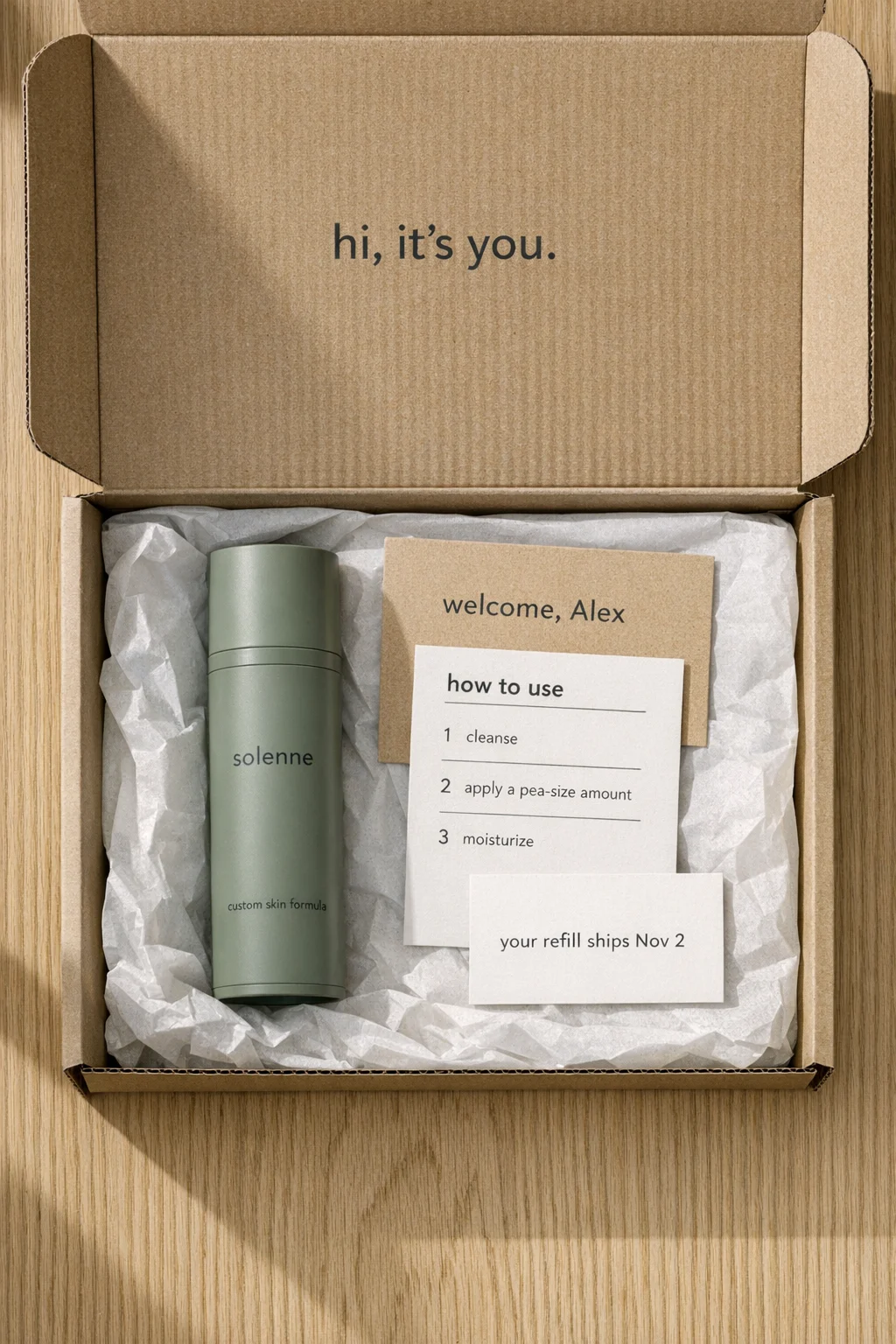Open mailer with printed lid, welcome card, how-to card and refill card