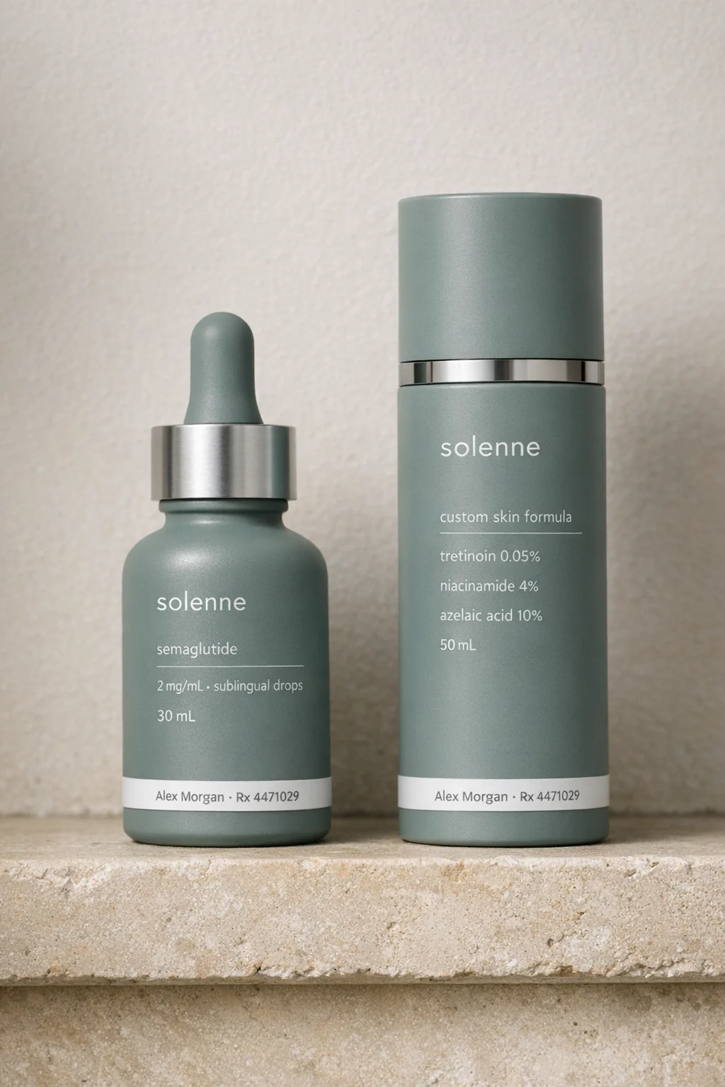 Sage semaglutide drops and custom skin formula with patient labels